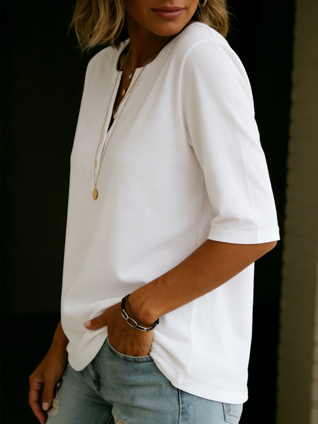Willa - Classic Henley Collar 100% Cotton T-shirt