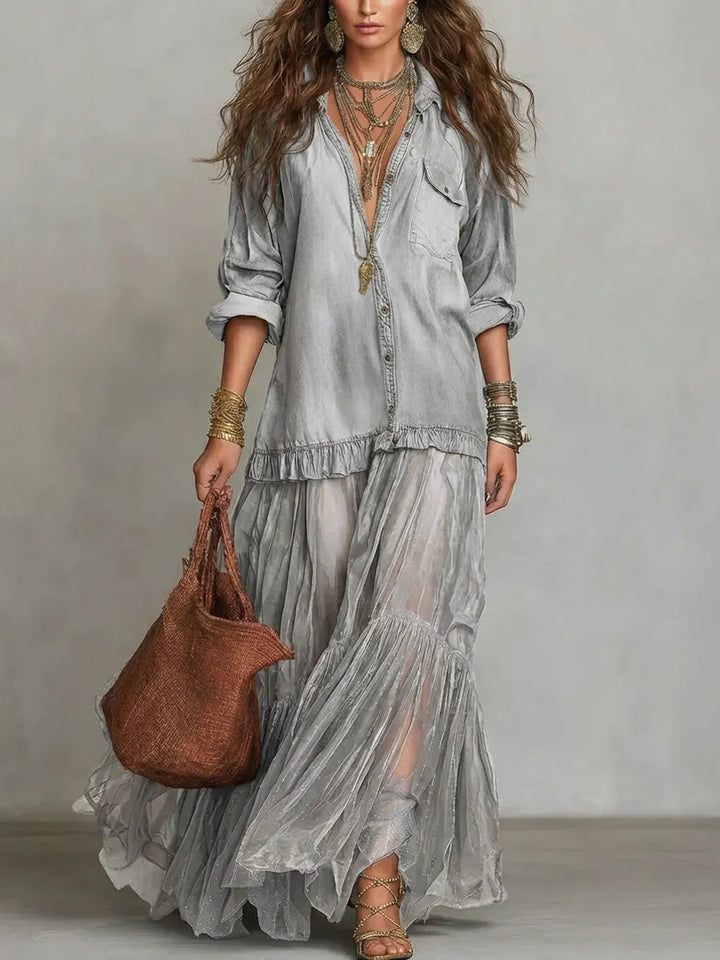 Sallie | Retro Lapel Denim Organza Patchwork Art Casual Maxi Dress