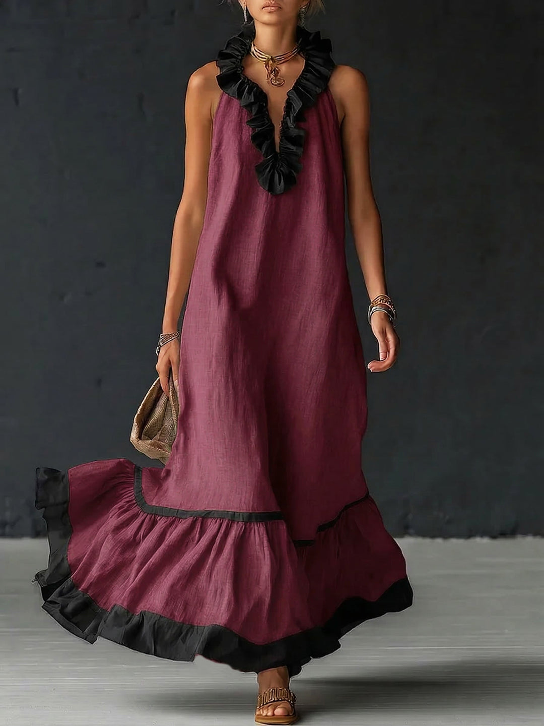 Ambathy Elegant Maxi Dress with Ruffles and Colorblock Design, view 7 - Elena Harper