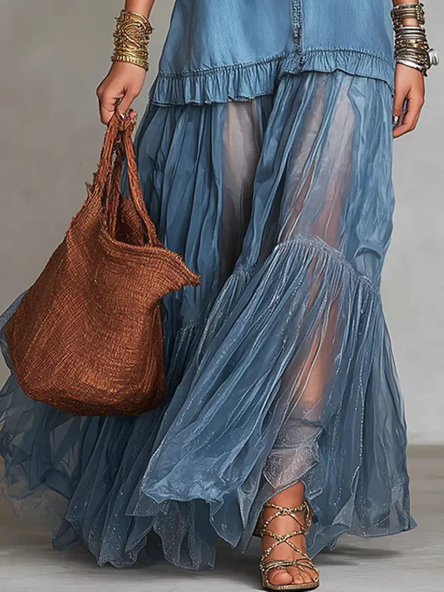 Sallie | Retro Lapel Denim Organza Patchwork Art Casual Maxi Dress