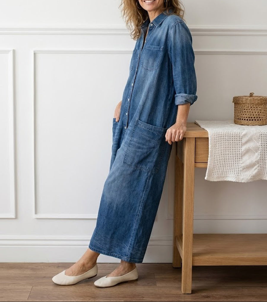 Diana | Vintage jumpsuit in soft washed cotton denim with buttons