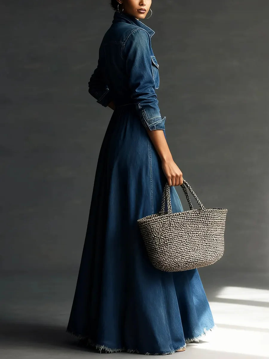 Aurora - Stylish Art Stand Collar Washed Denim Midi Dress