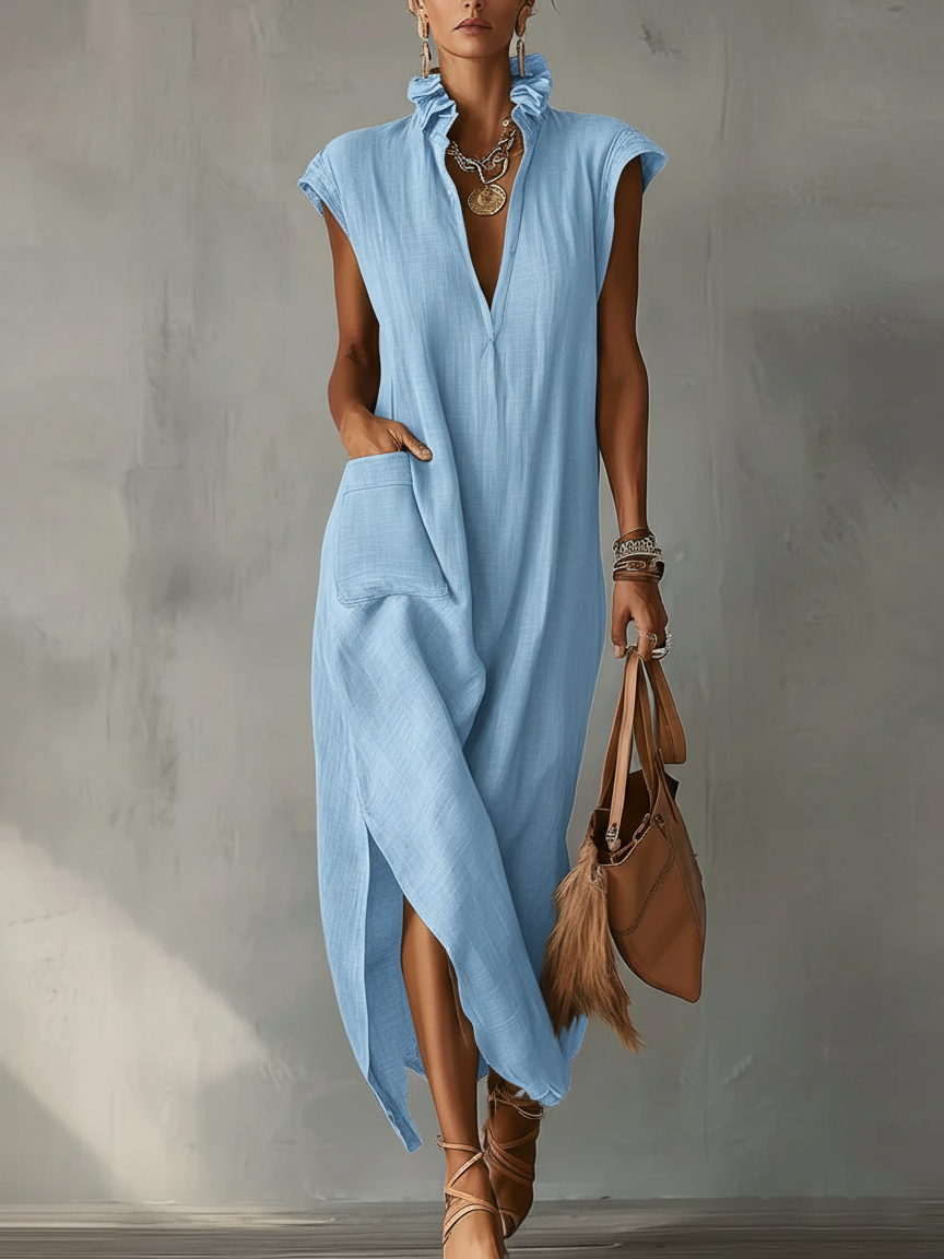Women’s Ruffle Collar Cotton Linen Midi Dress – Elegant Summer Dress