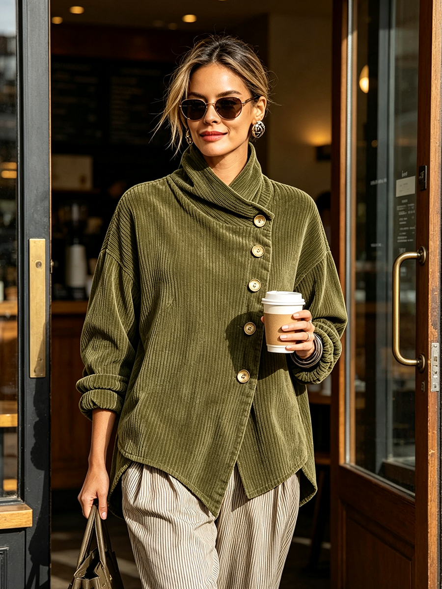 Textured Women's Sweater with Draped Collar and Buttons