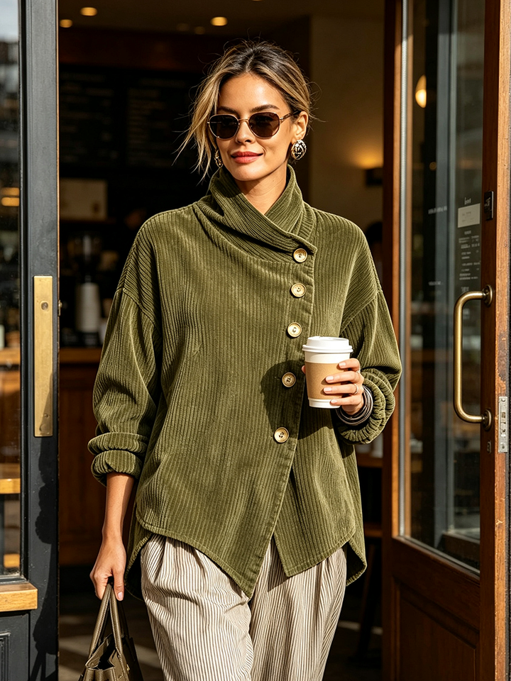 Textured Women's Sweater with Draped Collar and Buttons