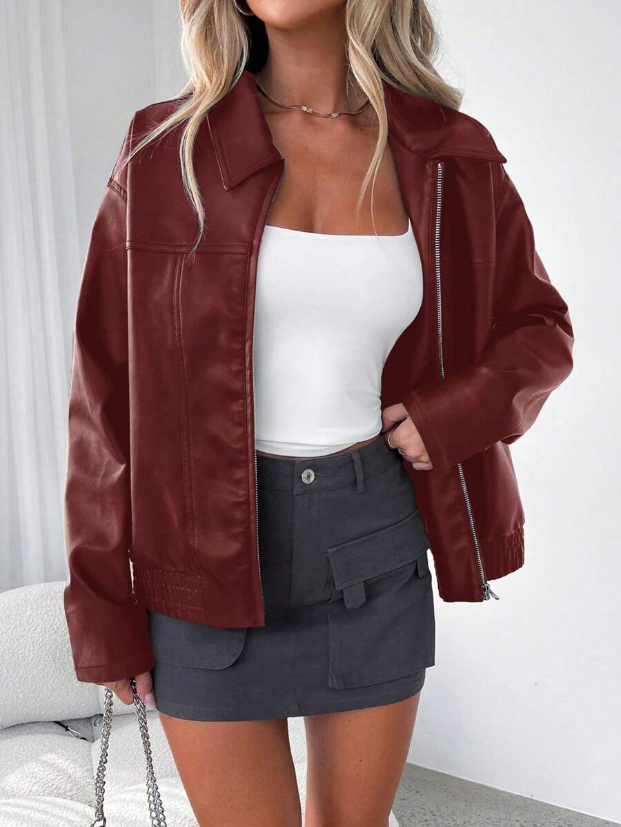 Oversized Faux Leather Jacket with Wide Collar for Women, view 2 - Elena Harper
