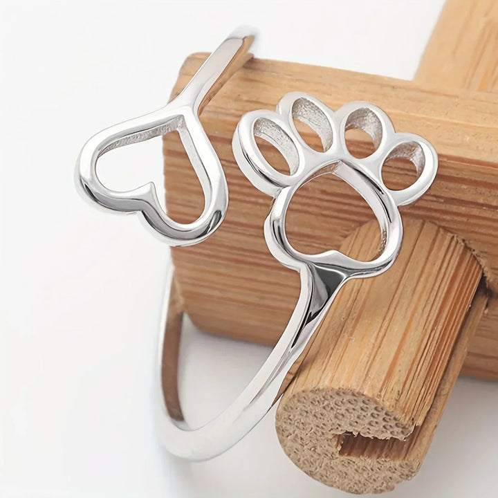 Handmade Paw & Heart Ring – Adjustable Sterling Silver
