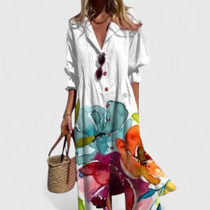 Ladies Maxi Blouse Dress with Boho Print and Button Closure, view 2 - Elena Harper
