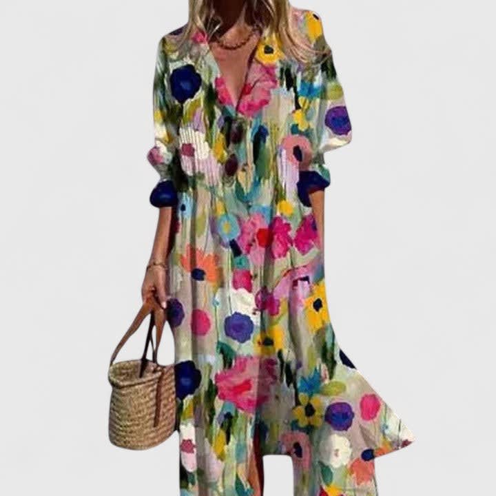 Ladies Maxi Blouse Dress with Boho Print and Button Closure, view 3 - Elena Harper