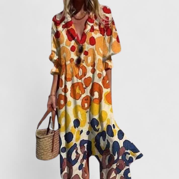 Ladies Maxi Blouse Dress with Boho Print and Button Closure, view 4 - Elena Harper