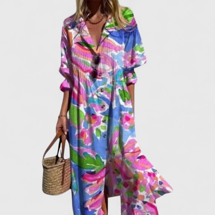Ladies Maxi Blouse Dress with Boho Print and Button Closure, view 5 - Elena Harper