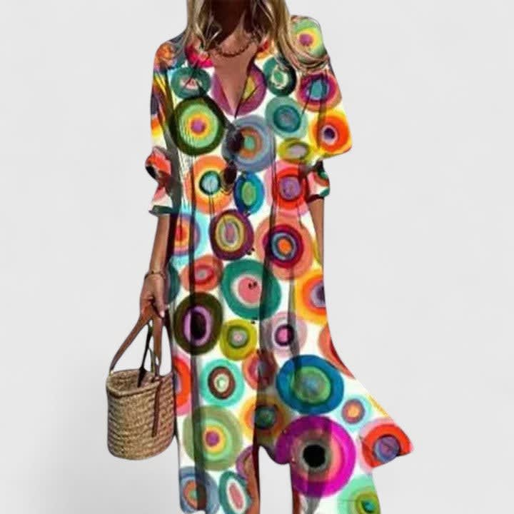 Ladies Maxi Blouse Dress with Boho Print and Button Closure, view 7 - Elena Harper