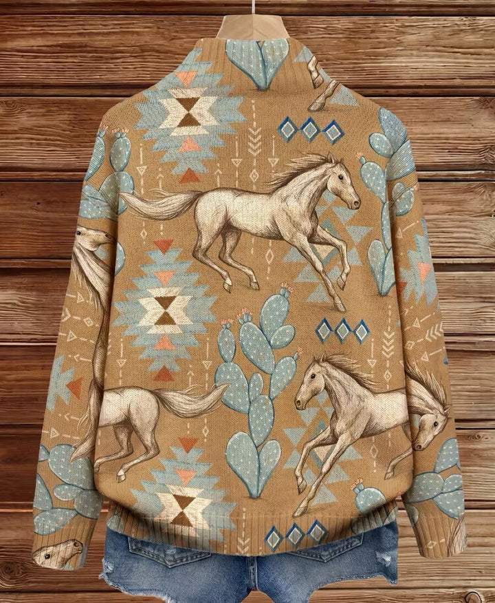 Women's Cardigan with Southwestern Horse and Cactus Pattern