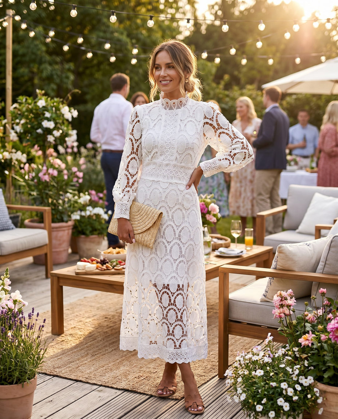 Lace Maxi Dress for Wedding Guest with High Collar