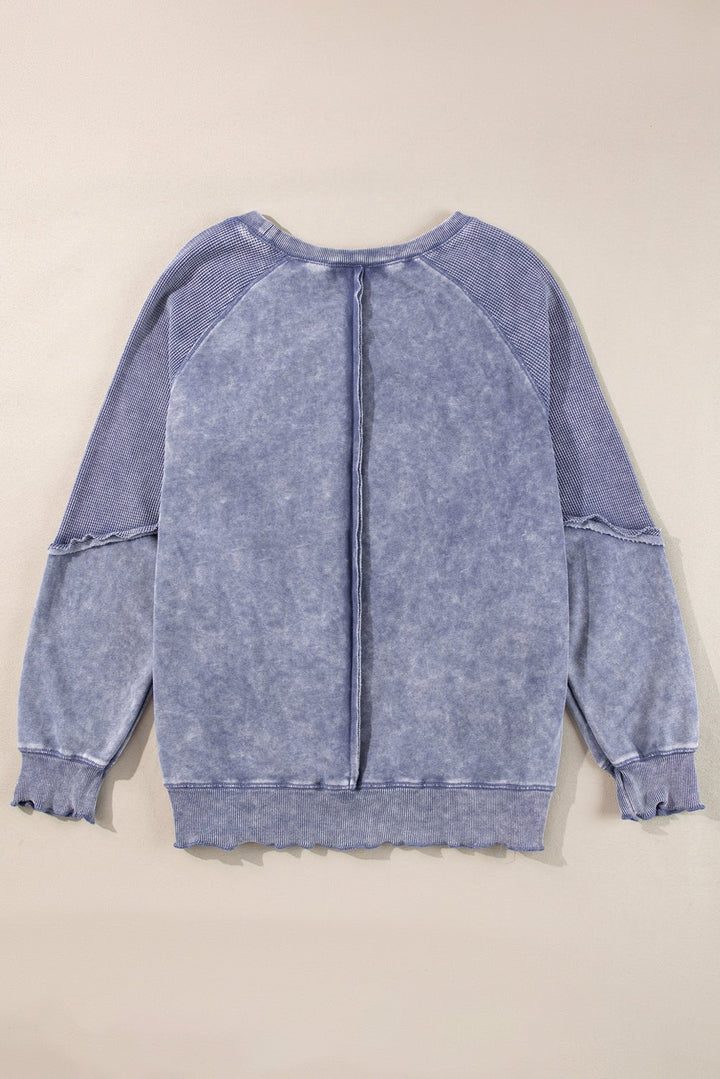 Pink Waffle Patchwork Raglan Sleeve Exposed Seam Sweatshirt