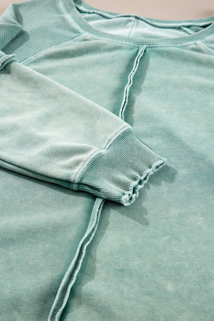 Pink Waffle Patchwork Raglan Sleeve Exposed Seam Sweatshirt