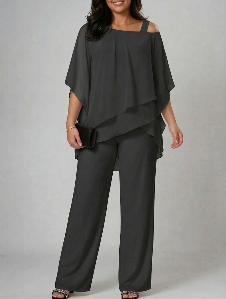 Ladies Two-Piece Set – Top with Open Shoulder and Wide-Leg Pants