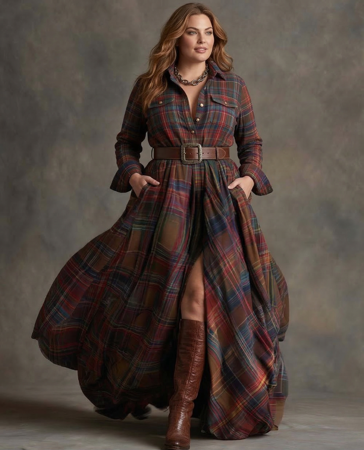 Ladies Dress with Belt - Checked Midi Dress with Pockets