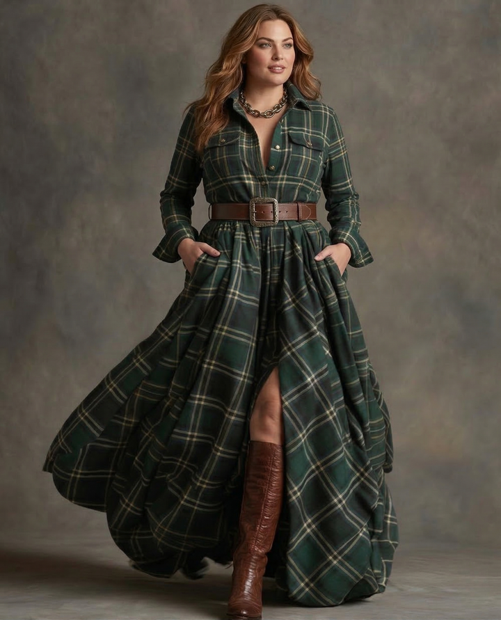 Ladies Dress with Belt - Checked Midi Dress with Pockets
