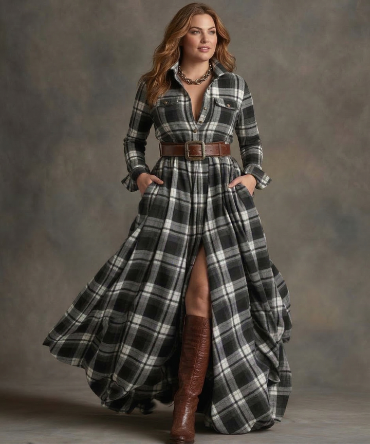 Ladies Dress with Belt - Checked Midi Dress with Pockets