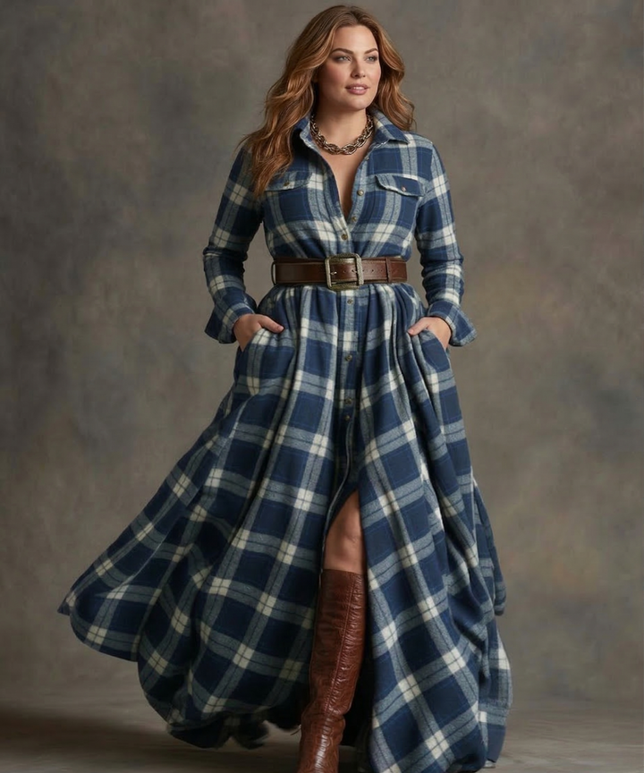 Ladies Dress with Belt - Checked Midi Dress with Pockets