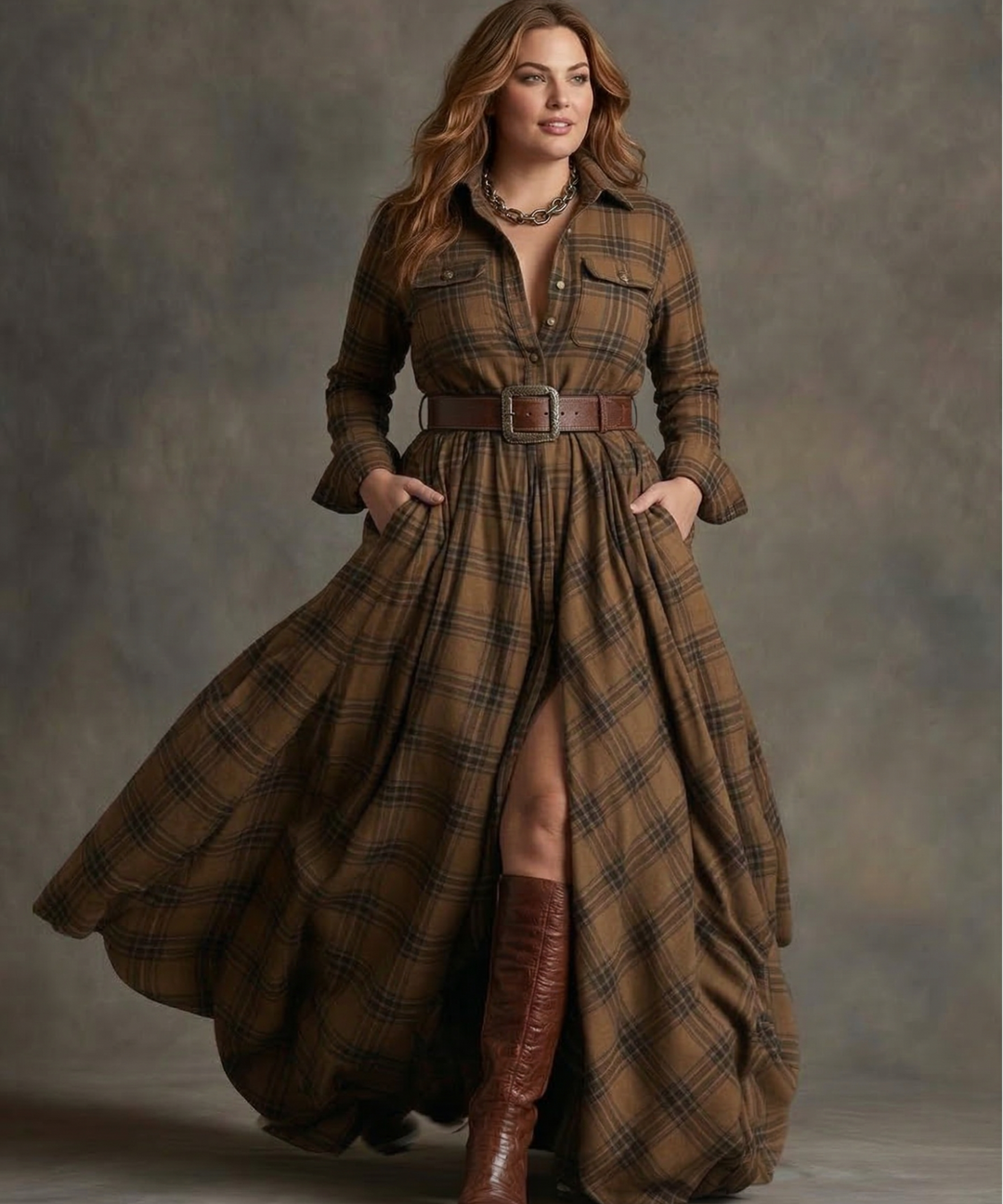 Ladies Dress with Belt - Checked Midi Dress with Pockets