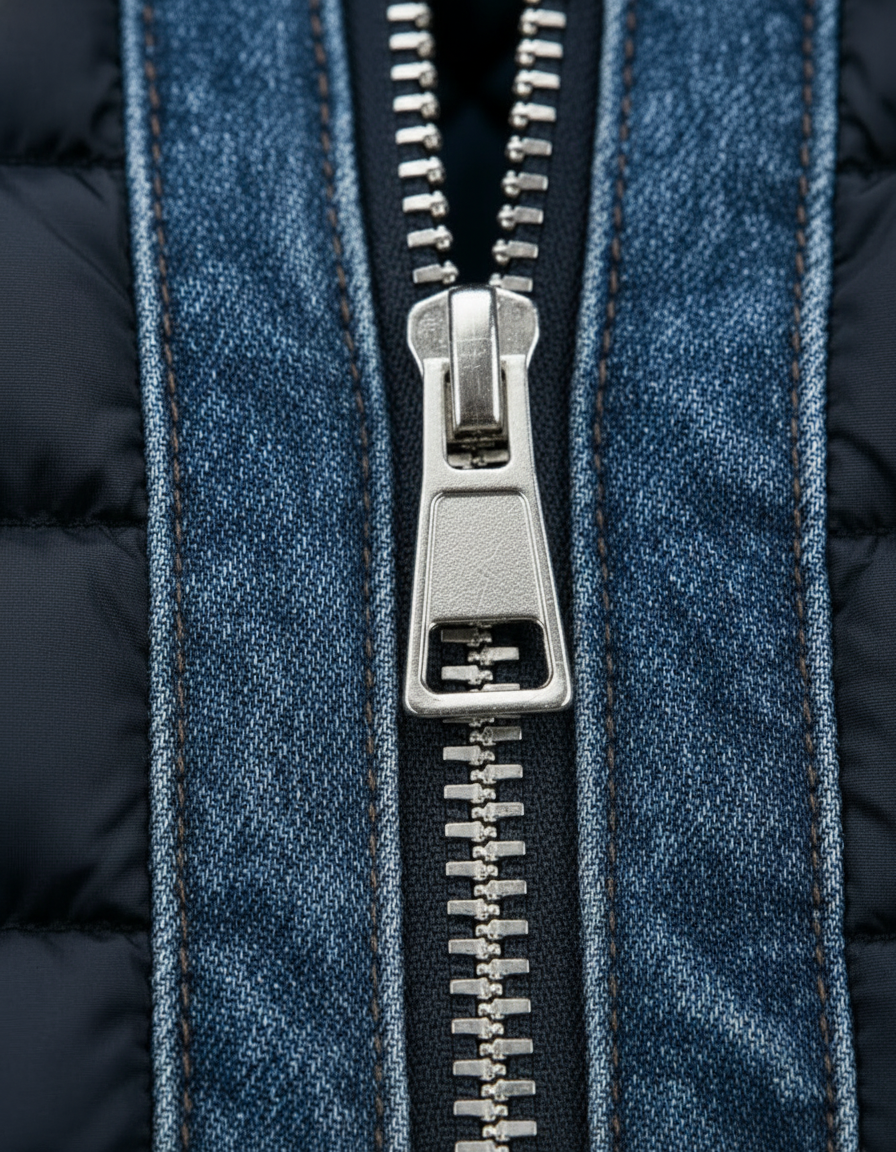 Men's Quilted Denim Jacket with Stand-Up Collar and Front Zip Fastening, Blue