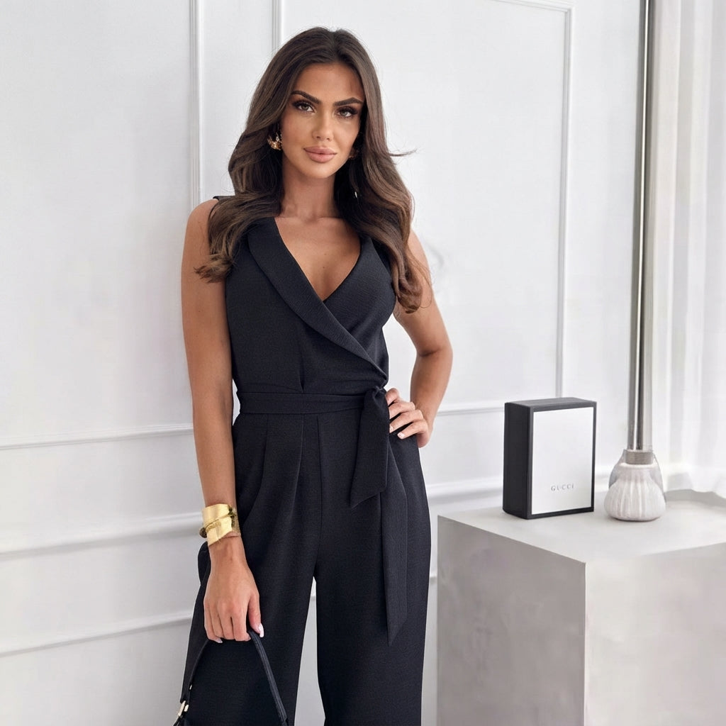 Amelie | Women's Wide-Leg Jumpsuit with Blazer Collar and Tie Belt