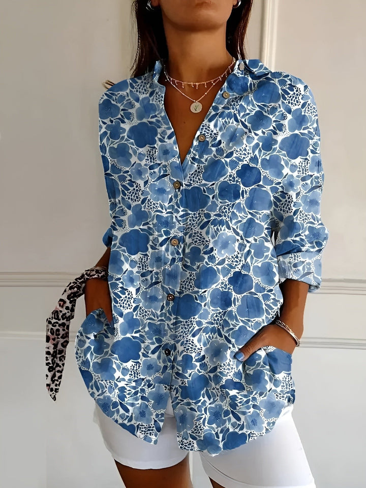 Ella | Plus Size Blue Floral Print Button-Up Shirt Long Sleeve