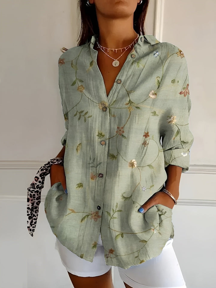 Ella | Plus Size Blue Floral Print Button-Up Shirt Long Sleeve