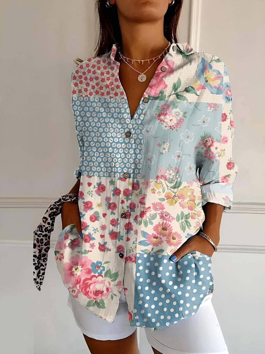 Ella | Plus Size Blue Floral Print Button-Up Shirt Long Sleeve