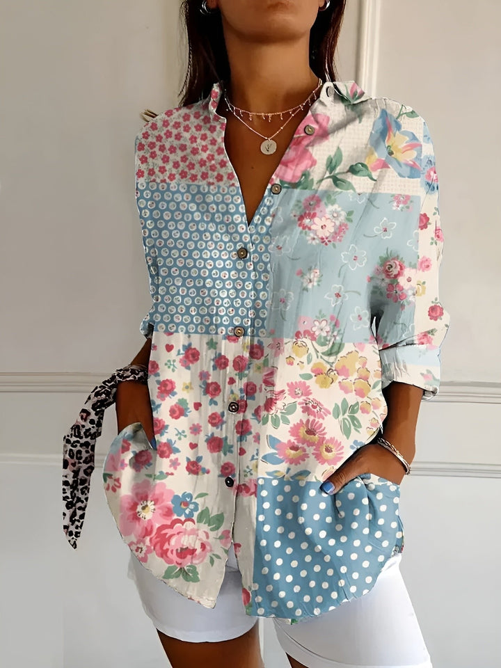 Ella | Plus Size Blue Floral Print Button-Up Shirt Long Sleeve