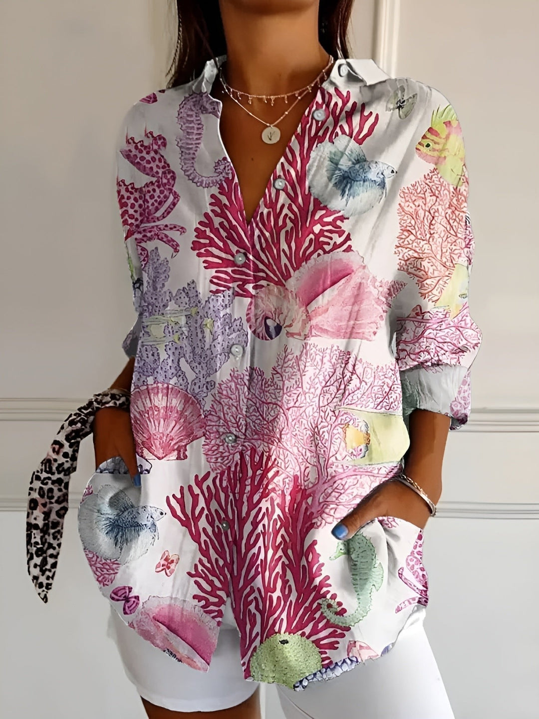 Ella | Plus Size Blue Floral Print Button-Up Shirt Long Sleeve