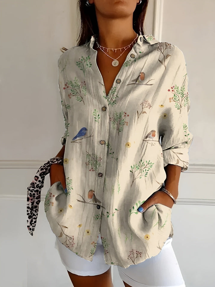 Ella | Plus Size Blue Floral Print Button-Up Shirt Long Sleeve