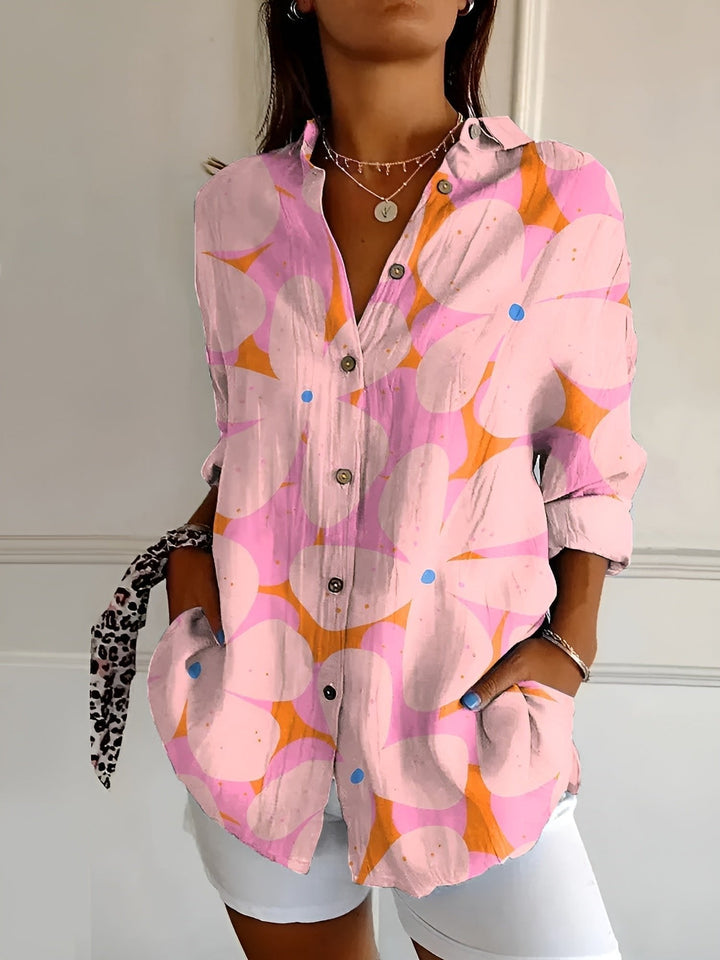 Ella | Plus Size Blue Floral Print Button-Up Shirt Long Sleeve