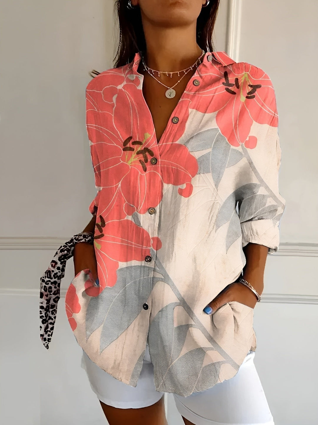 Ella | Plus Size Blue Floral Print Button-Up Shirt Long Sleeve