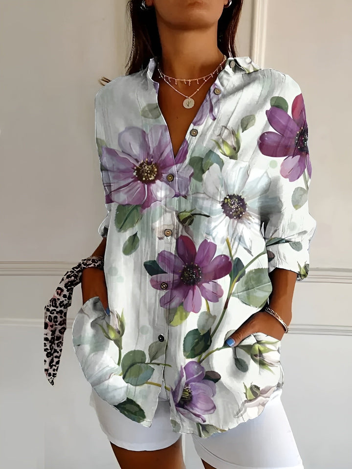 Ella | Plus Size Blue Floral Print Button-Up Shirt Long Sleeve