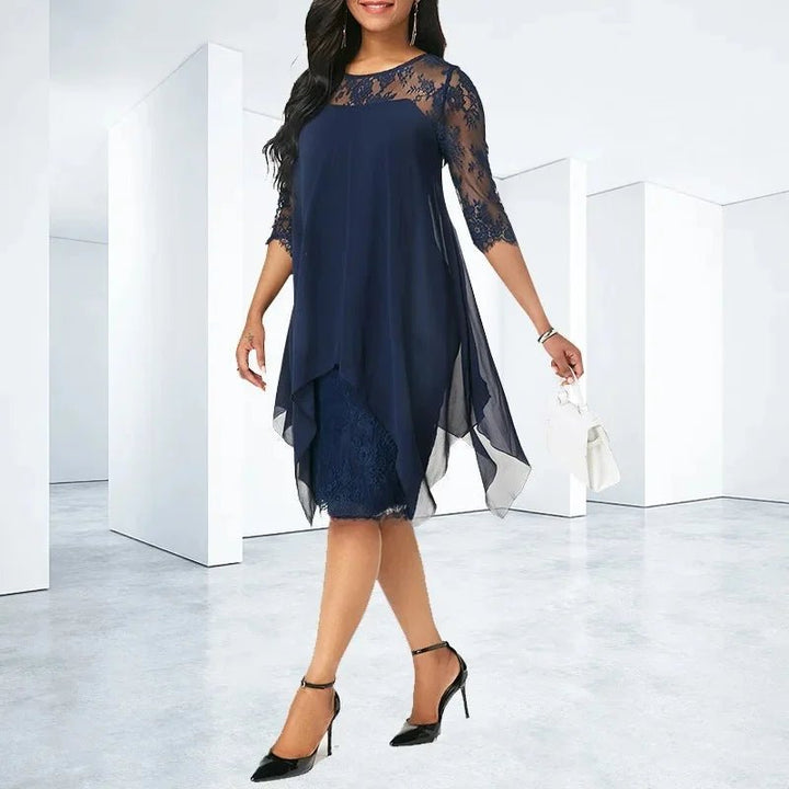 Mia | Plus Size Lace Chiffon Dress Quarter Sleeve Asymmetric Hem