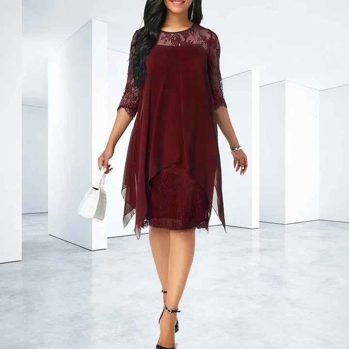 Mia | Plus Size Lace Chiffon Dress Quarter Sleeve Asymmetric Hem