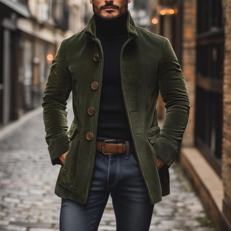 Tailored Short Corduroy Coat with High Collar for Men