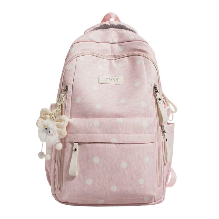 Ladies Backpack with Polka Dot Print - Multi-Pocket Backpack