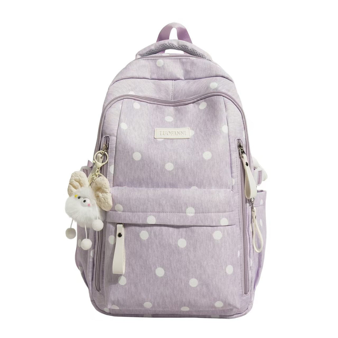 Ladies Backpack with Polka Dot Print - Multi-Pocket Backpack