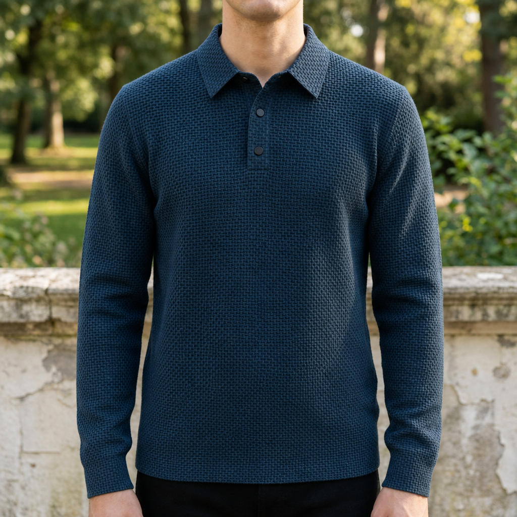 Men's Textured Knit Polo Long Sleeves - Elena Harper