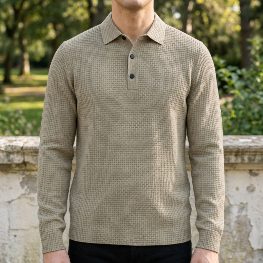 Men's Textured Knit Polo Long Sleeves - Elena Harper