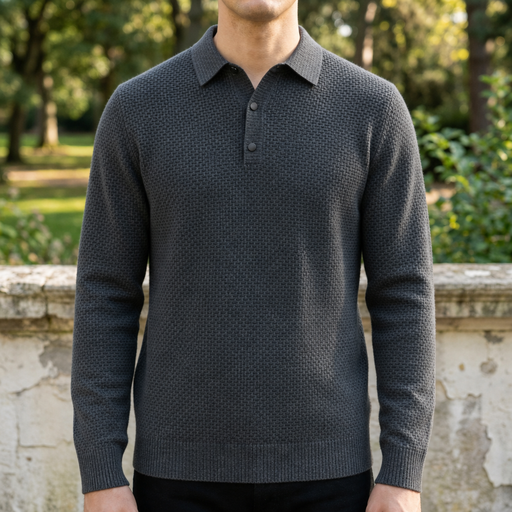 Men's Textured Knit Polo Long Sleeves - Elena Harper