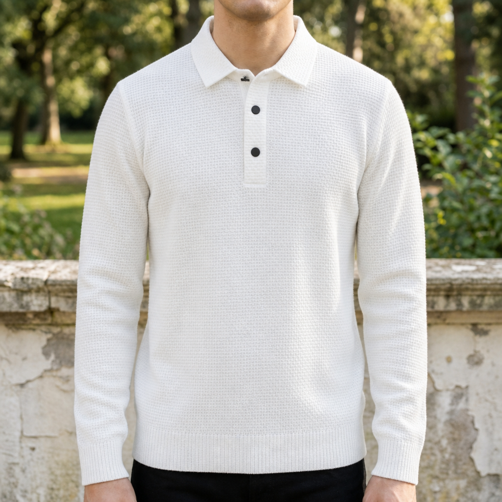 Men's Textured Knit Polo Long Sleeves - Elena Harper
