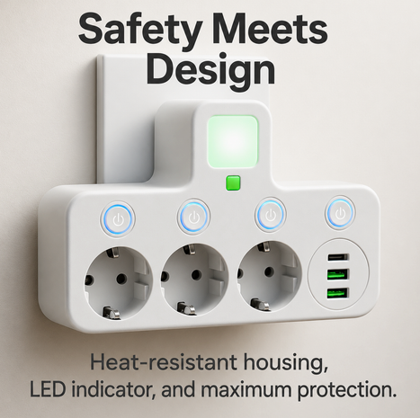 Power Strip With 3 Sockets Overvoltage Protection And Child Safety Lock