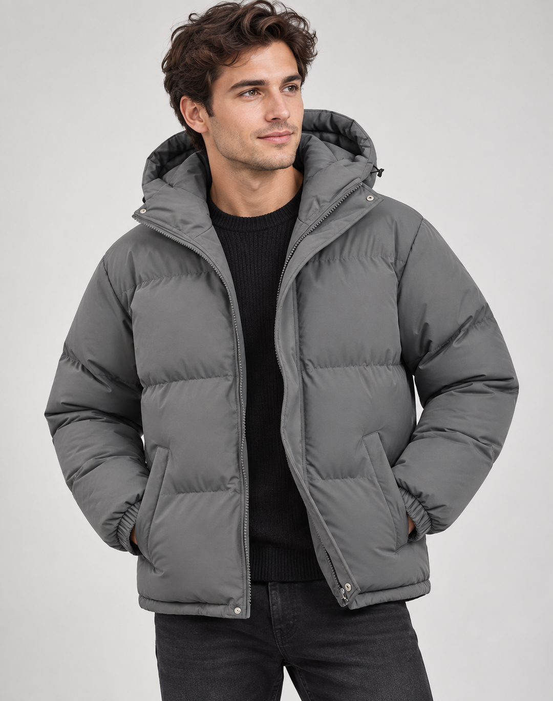 Padded Puffer Winter Jacket for Men with Hood and Zipper
