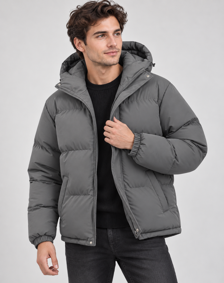 Padded Puffer Winter Jacket for Men with Hood and Zipper