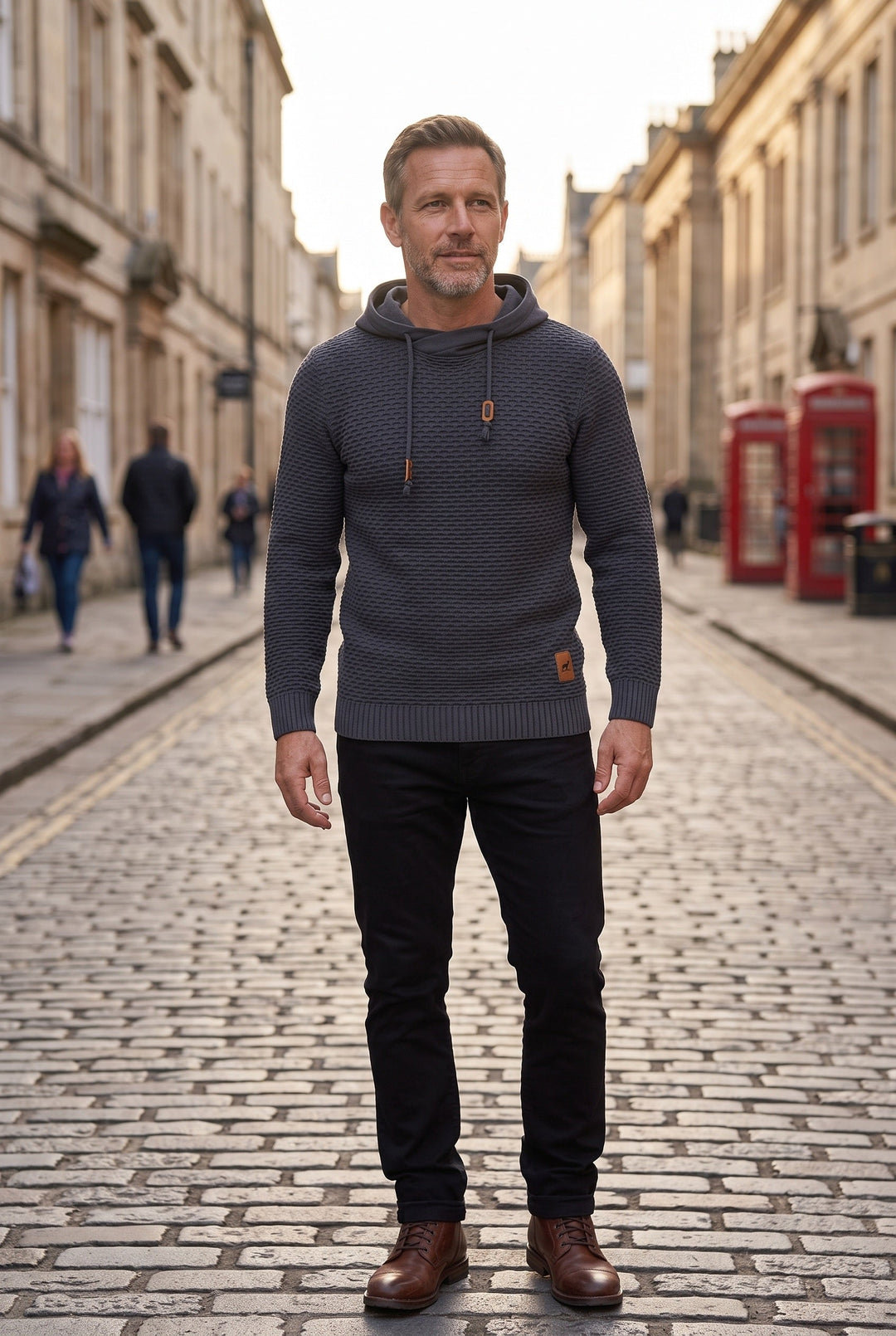 Men's Hooded Sweatshirt in Waffle Knit with Drawstring